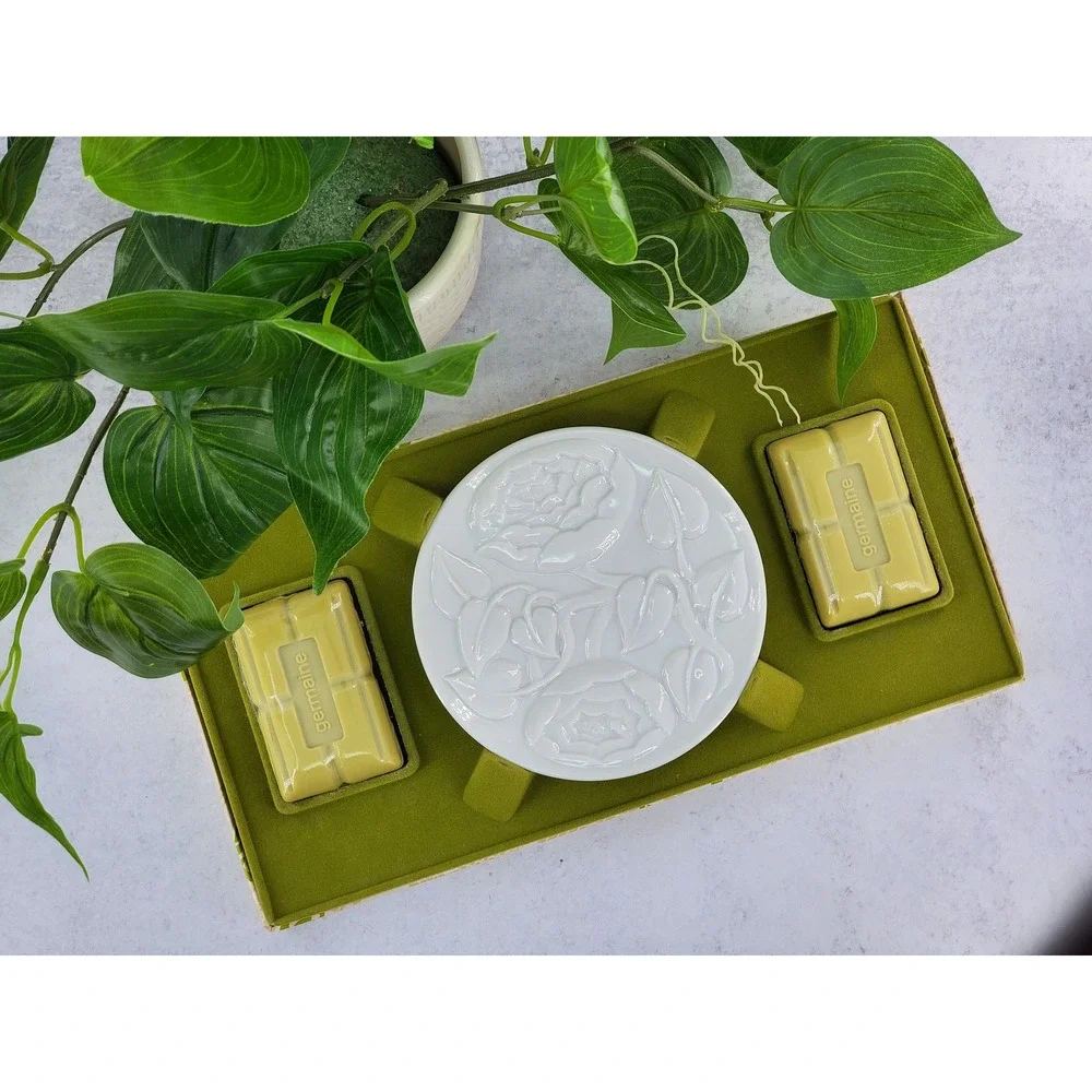 Vintage Germaine Cologne 2 Soap Bars Dish White Trinket Plate Rosepoint Lace Set
